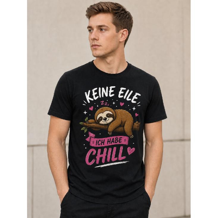 Men s Black Short Sleeve T-Shirt with Cute Sloth Graphic, Round Neck, Soft Cotton Feel, Relaxed Fit, German Phrase Keine Eile Ich Habe Chill , Ideal S чёрный