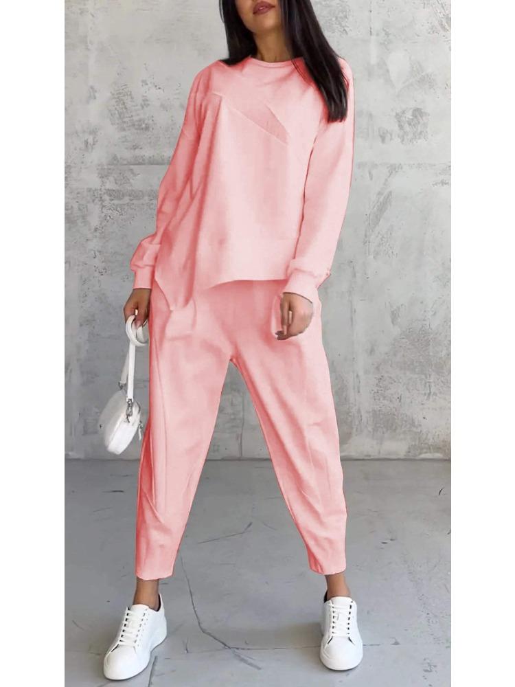 Women's Streetwear Comfortable Casual Workwear-Style Round-Neck Loose-Fit Asymmetrical Long-Sleeve Top and Trousers Set
