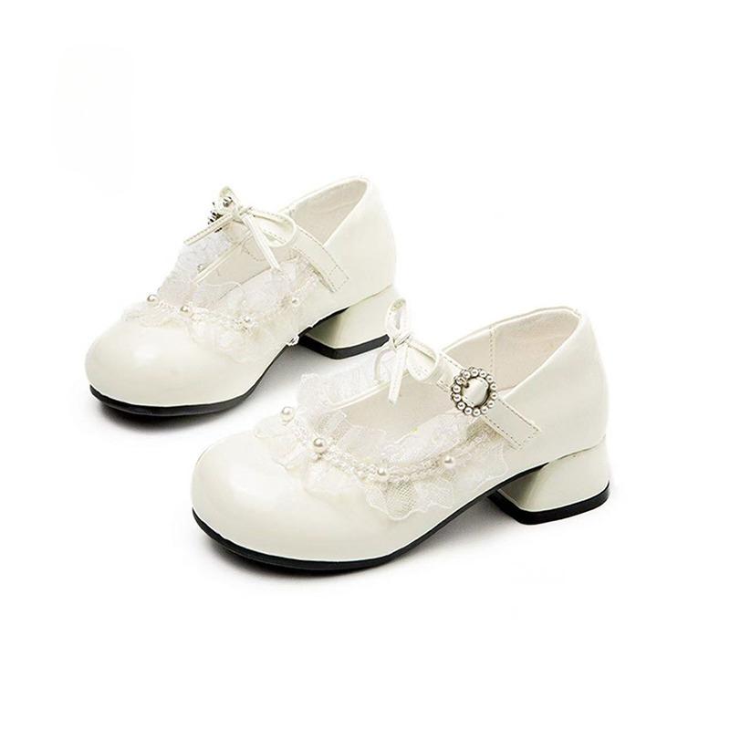 

Girls Leather High Heels Princess Chic Lace with Pearls Beading Bow-knot Kids Mary Janes for Party Wedding Soft Leather Shoes 26