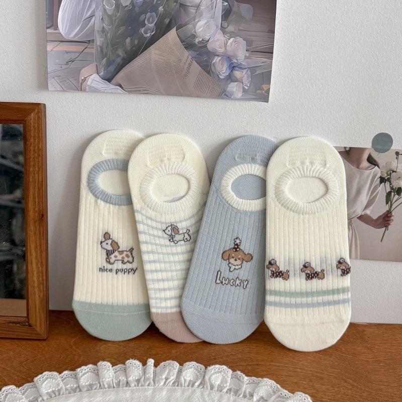 Spring and Summer Cartoon Spotted Striped Boneless Anti-Slip Invisible Socks for Women - Thin Cotton Boat Shoes