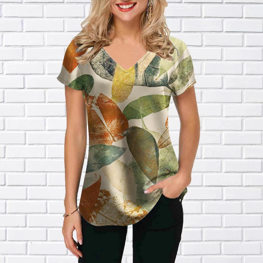 Blusa feminina com decote em V, manga curta, girassol, folhas coloridas, estampadas, camiseta solta, blusa casual