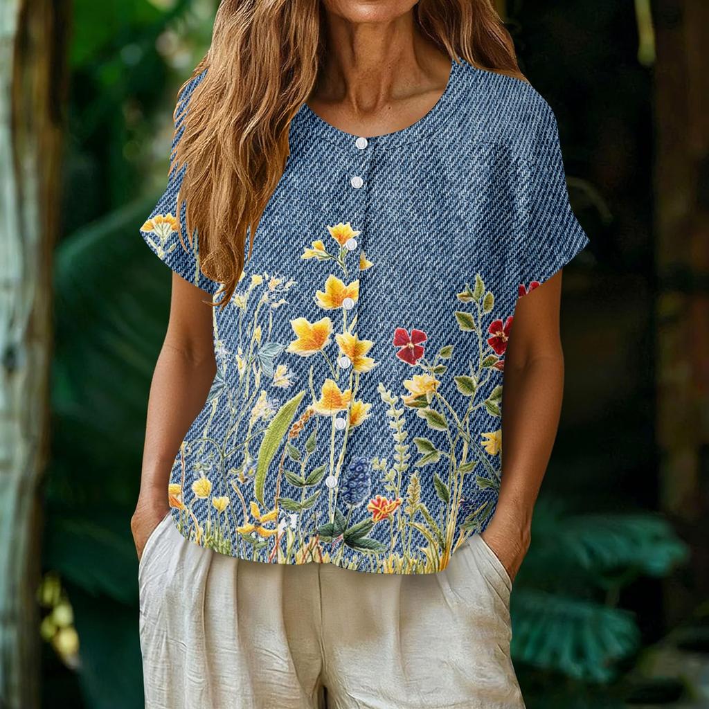 Women Casual Henley Neck Floral Print Button Front Short Sleeve Blouse Loose Fit Lightweight Top for Everyday Wear