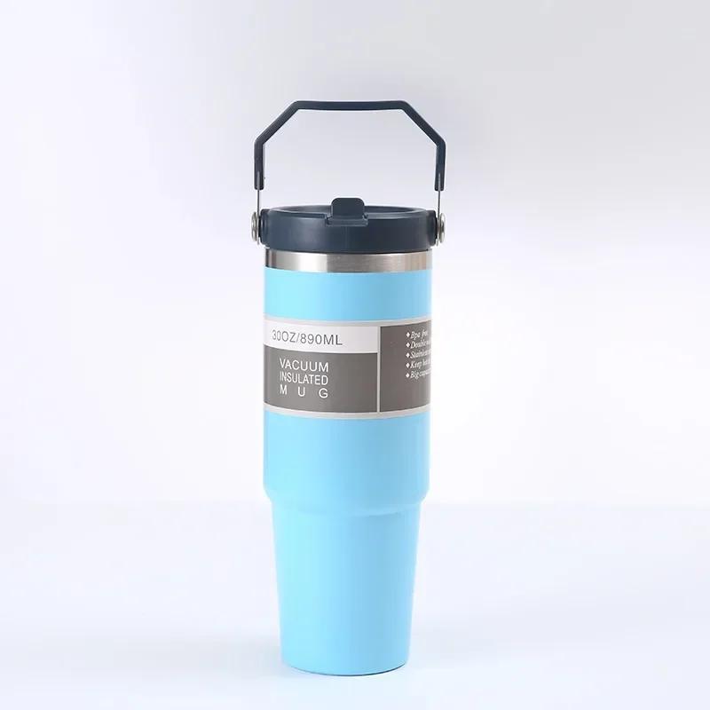 30oz Large Capacity Portable Car Cup Stainless Steel Thermos Cup with Straw & Handle Travel Sports Water Bottle Vacuum Flask