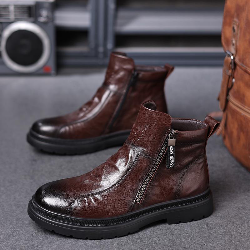 Men's Genuine Leather High-Top Martin Boots with Velvet Lining - Stylish and Warm Motorcycle Work Boots