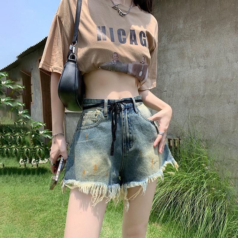 High Waist Frayed Denim Shorts - Women s Retro A-line Wide Leg Summer Style Small