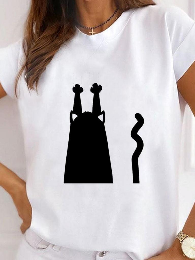 Fashionable Cartoon Cat Printed Womens Tshirt Fashionable Round Neck Top Casual Short Sleeved Womens Clothing