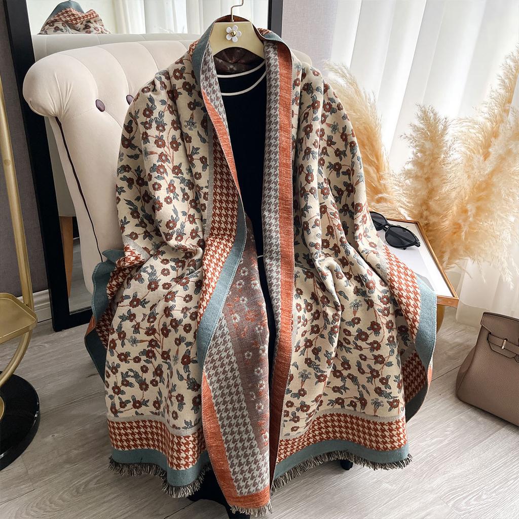 Autumn And Winter Imitation Cashmere Scarf Floral Thousand Bird Grid High-End Double-Sided Scarf Shawl Versatile Woman