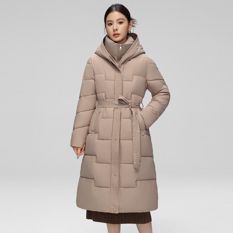 Casaco Feminino de Inverno com Capuz, Algodão e Penas, Novo, High-end, Slim-fit, Longo até o Joelho, Quente, Moderno