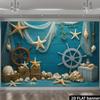 2D Nautical Starfish Seashell Backdrop - Blue Wood Wall Photography Background Banner for Summer Party