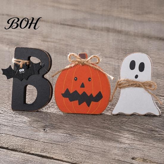 Decorative Tray Landscaping 3 Pcs Halloween Indoor Table Decoration, Cute Ghost Wooden Sign with Jute Rope, Rustic Ornaments Farmhouse BOO Block