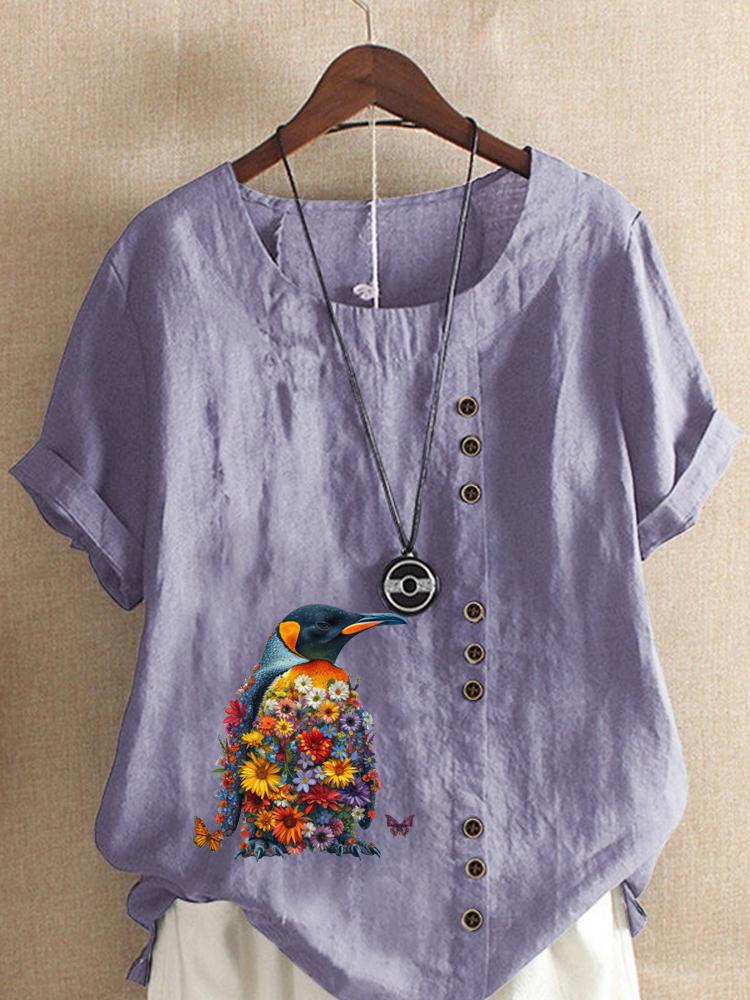 Women's Fashion Penguin Floral Print Round Neck Short Sleeve T-shirt Casual Cotton Linen Graphic Shirt Leisure Loose Summer Blouse Tops