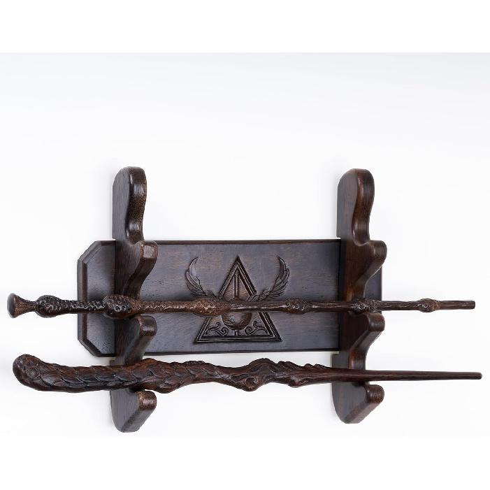 Handicraftviet Подставка-держатель для волшебных палочек, настенное крепление, ручная работа, резной деревянный держатель для коллекции волшебных палочек, 3-уровневый, черный (Подставка для 3 волшебных палочек) 3 slot wand stand