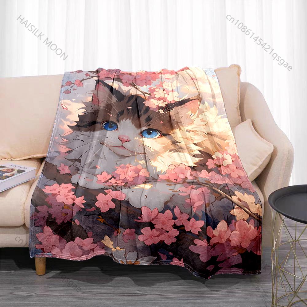 Multiple sizes Cat hiding in cherry blossoms Blanket Suitable for Home Bedroom Sofa Travel Camping Blanket Various Sizes Gifts