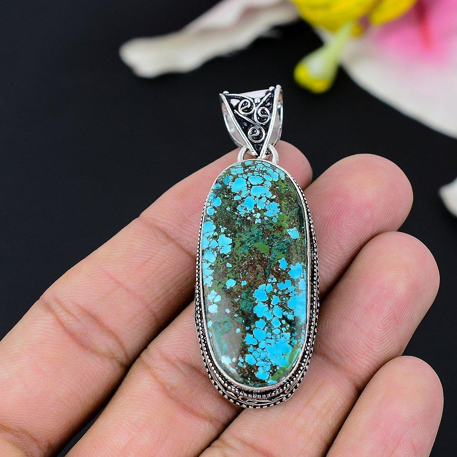 Tibetan Turquoise Gemstone 925 Sterling Silver Jewelry Pendant 2.05" KG-132