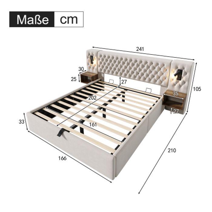 Ensemble de chambre à coucher - MUVOE - Lit 160x200 cm - 2 tables de chevet - USB - Vintage beige