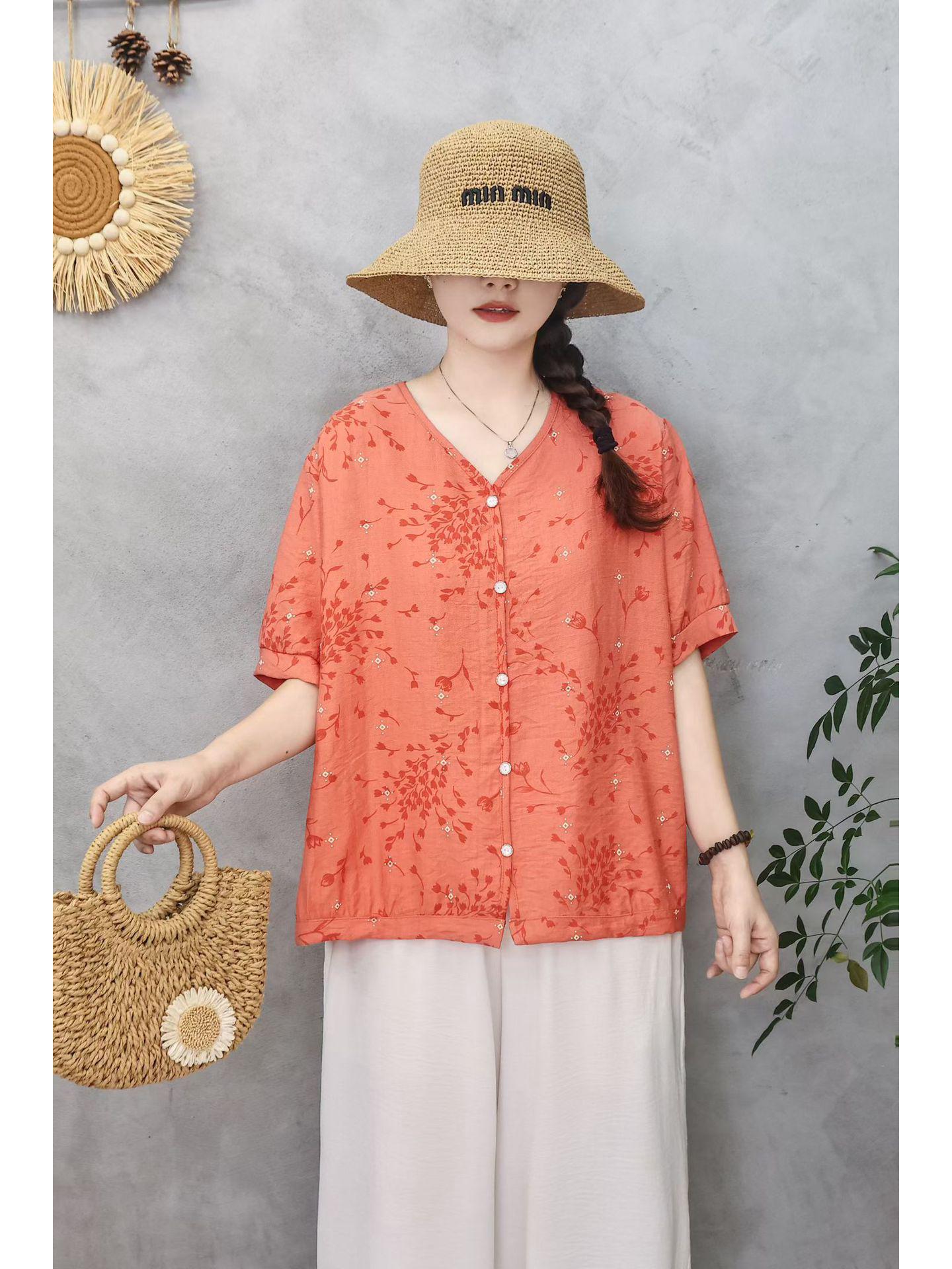 

Женский летний топ из тенселя и льна с принтом, короткий рукав, свободный крой, круглый вырез One Size