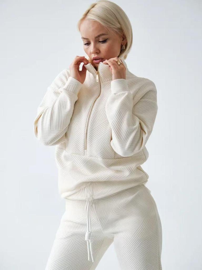 European & American Casual Women's Long-Sleeved Half-Zip Top with Tie-Up Pants Set
