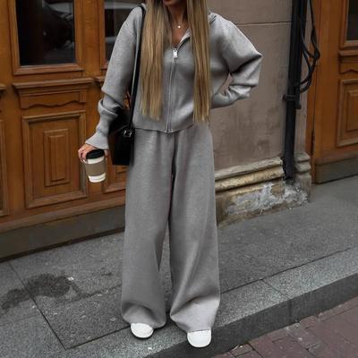 Women's 2 Piece Set Zip Up Hoodie Top Wide Leg Pants Casual Loungewear Outfit Solid Color