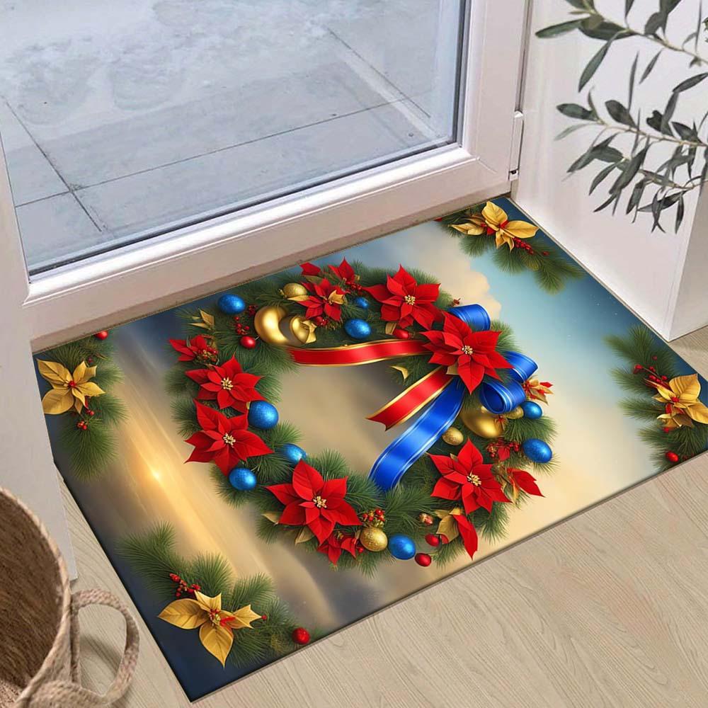 1pc Christmas Wreaths and Christmas Flowers Area Rug, Slip-Resistant, Easy-Clean, Stain-Resistant, Perfect for Cozy Living Rooms, Bedrooms, 60cm by 90cm