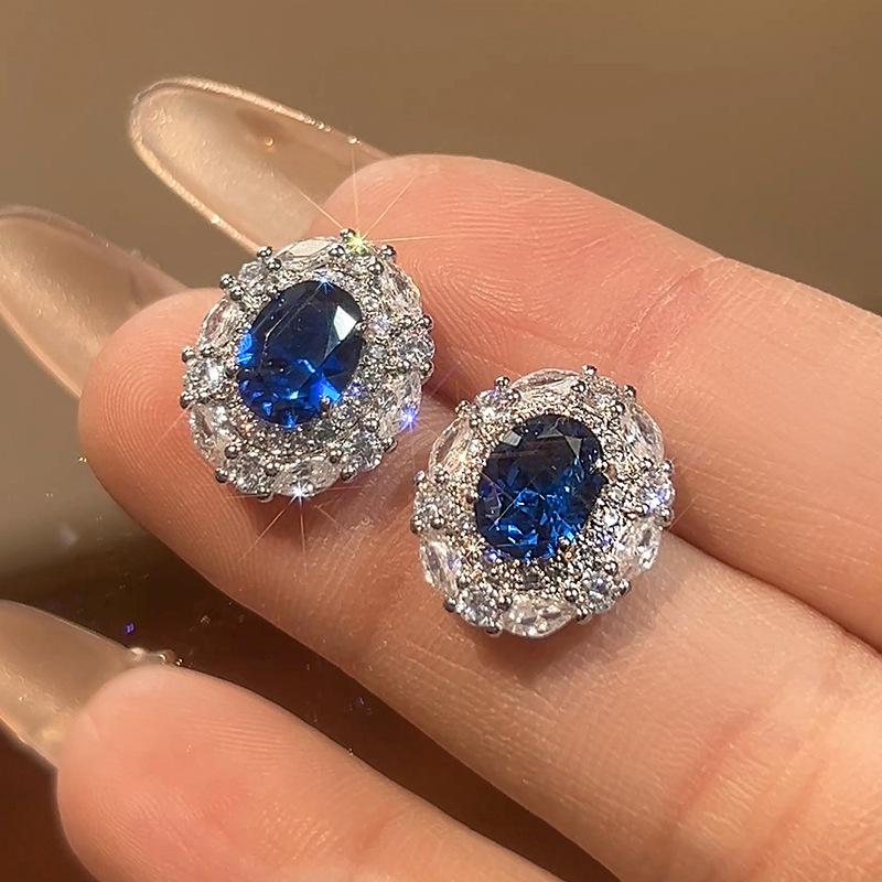Huamei Jewelry Set Light Luxury Blue Spinel Color Treasure Earrings Necklace Ring Simple Women'S