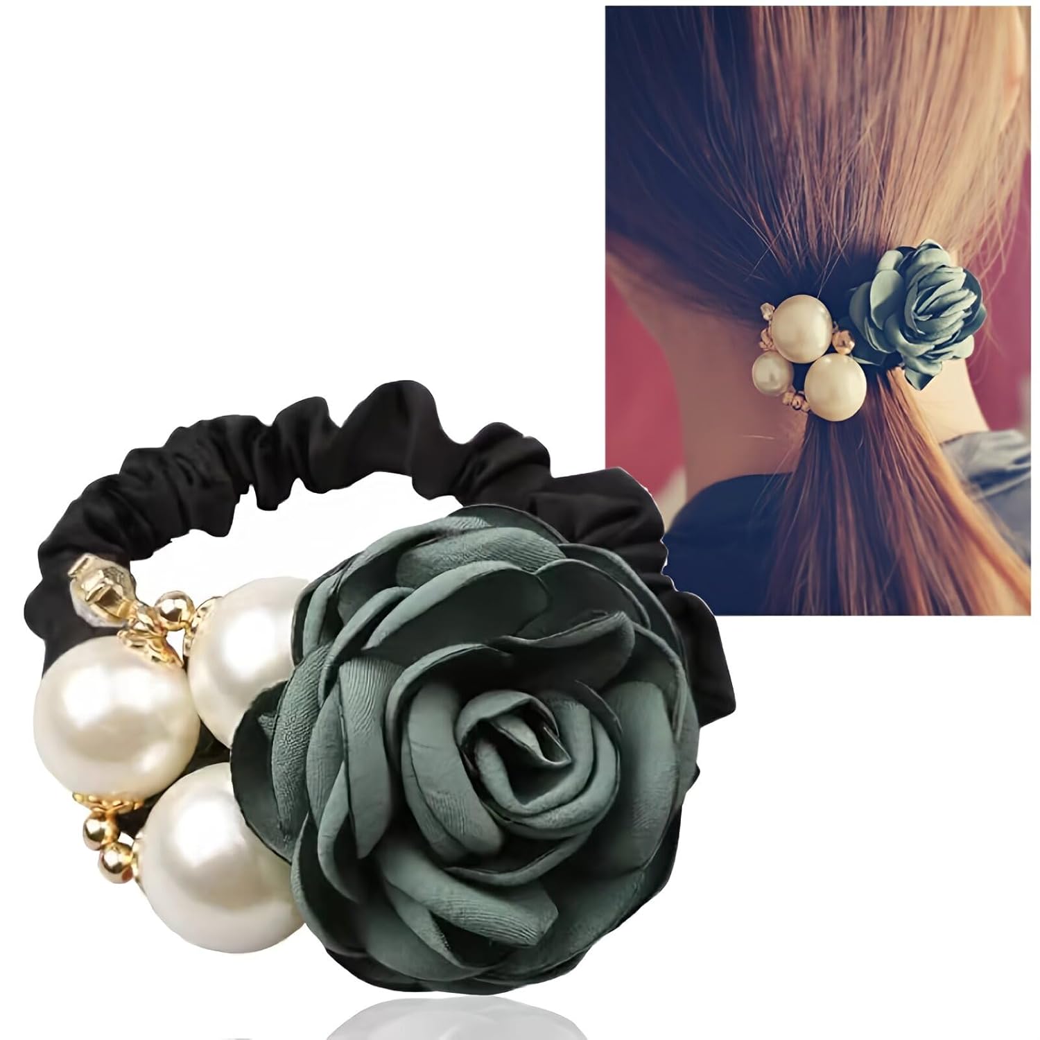 Lotte Rakka Hair Accessory Floral Pattern Pearl Chouchou Large Tie Big Sheer Adult Stylish (Emerald Green)