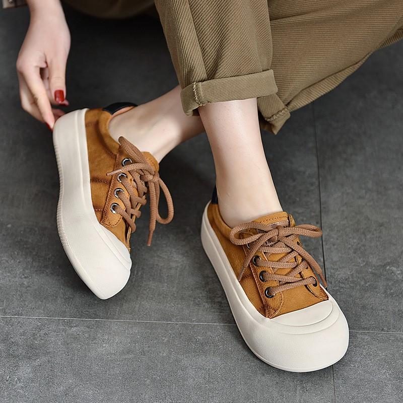 Johnature Genuine Leather Casual Women's Shoes Versatile Lace Up Round Toe Thick Soled Flat Shoes