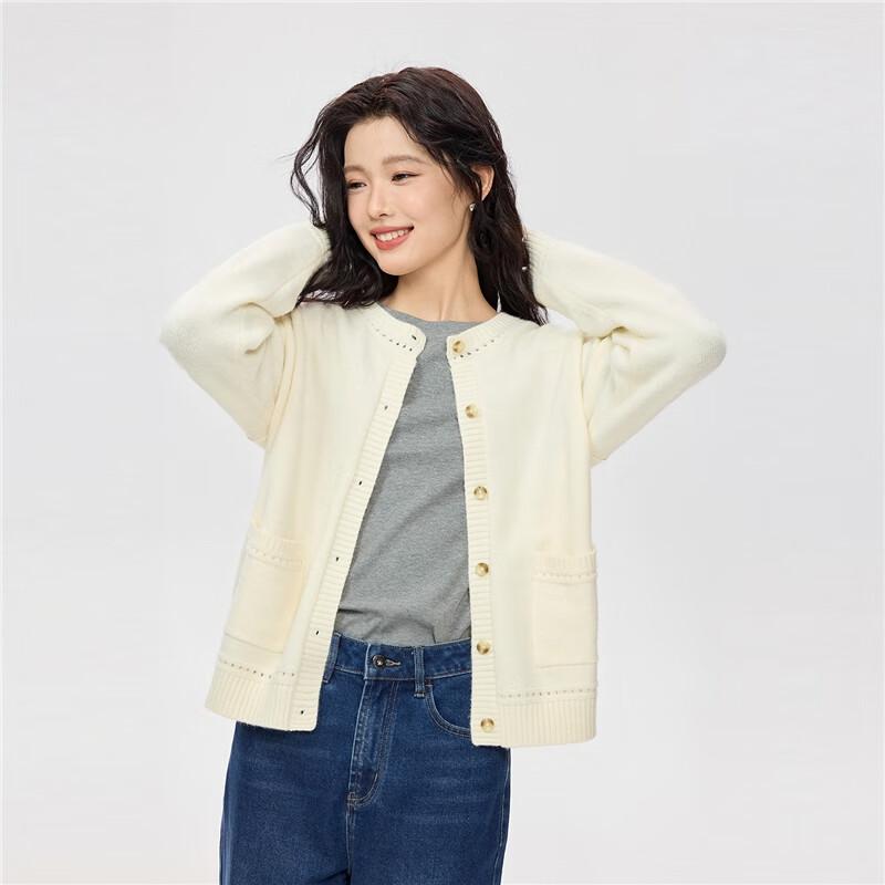 Giordano Women's Round Neck Openwork Knit Cardigan with Double Pockets