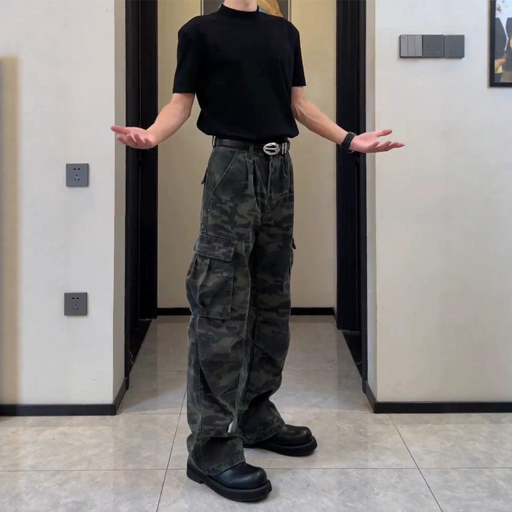 American Retro Camouflage Overalls Men's Summer High Street Vibe Casual Wide-leg Trousers Trendy Brand Versatile Straight Pants