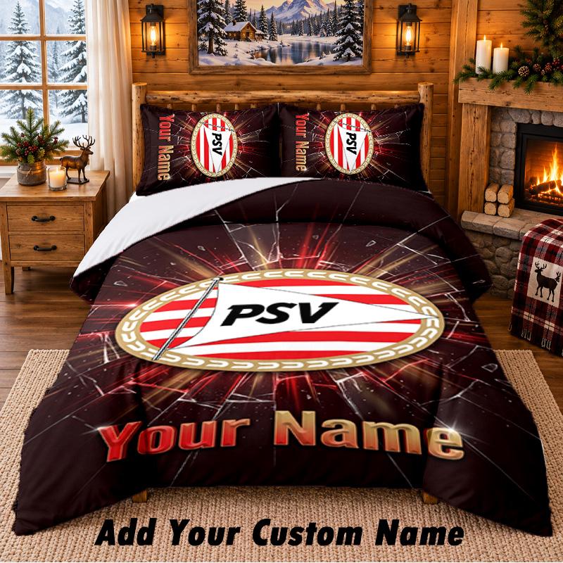 PSV Eindhoven FC Pattern Bedding 3Pcs Set Custom Name, Bed Sheet And Pillowcases For Home Bedroom