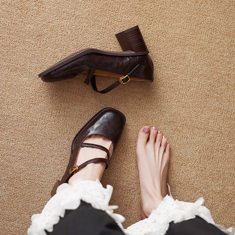 Krazing Pot Sheepskin Round Toe Size 41 Chunky High Heels Buckle Straps Vintage Autumn Pumps
