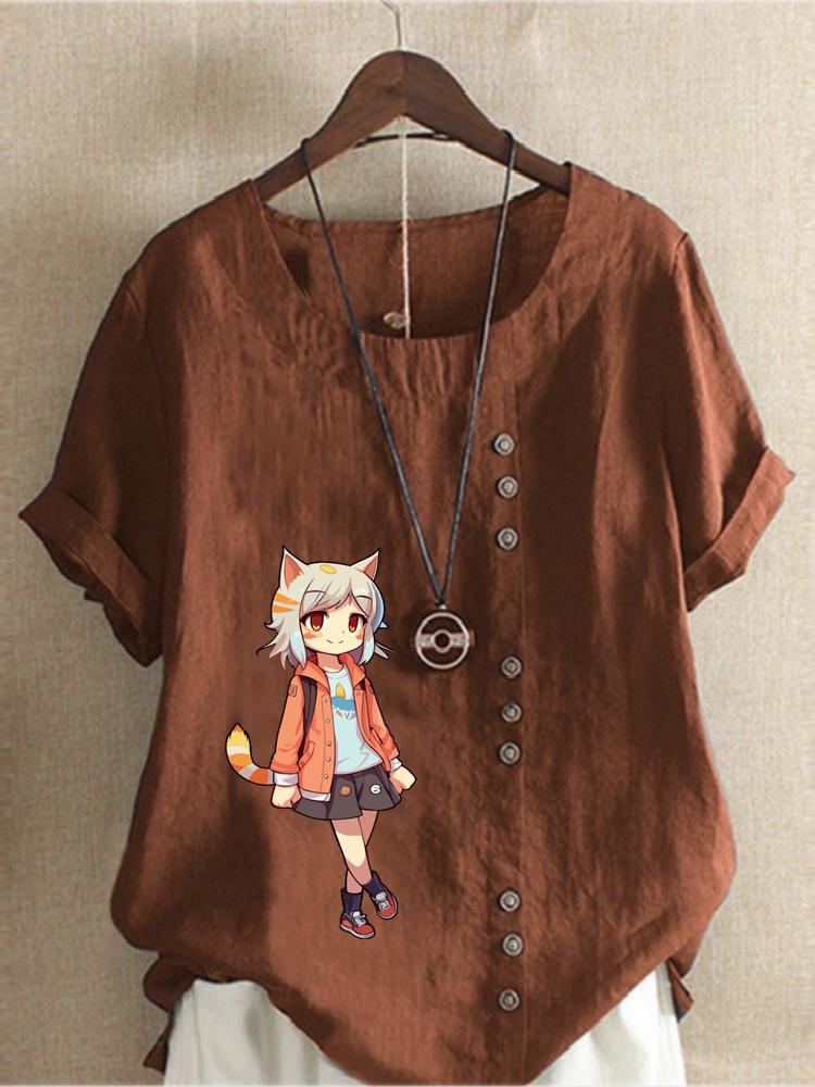 Women's Fashion Cute Girl Print Shot Sleeve T-shirt Loose Cotton Shirt Casual Loose Summer Blouse Tops Plus Size