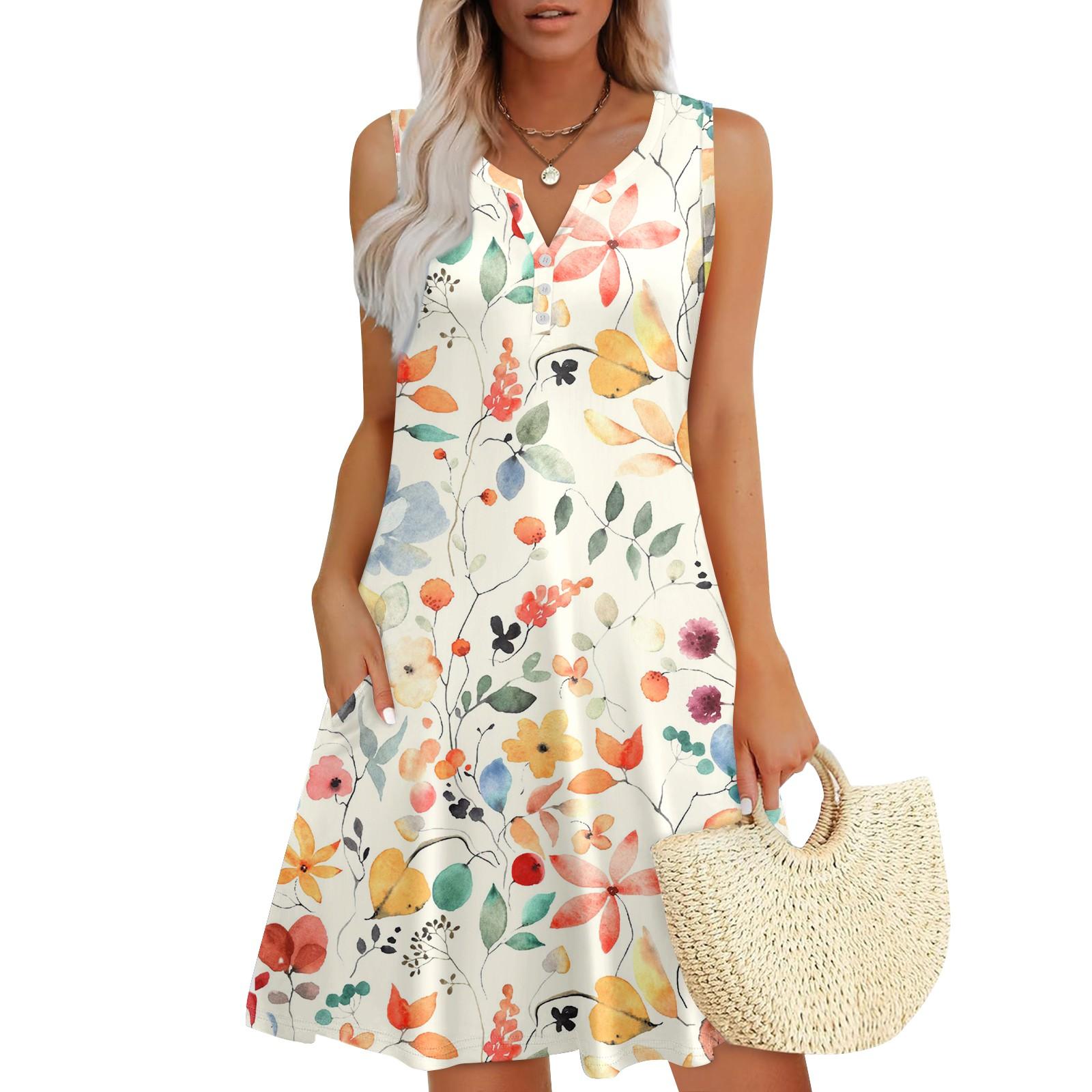 

Женские летние платья Свободные сарафаны без рукавов с V-образным вырезом Платье с карманами XL жёлтый