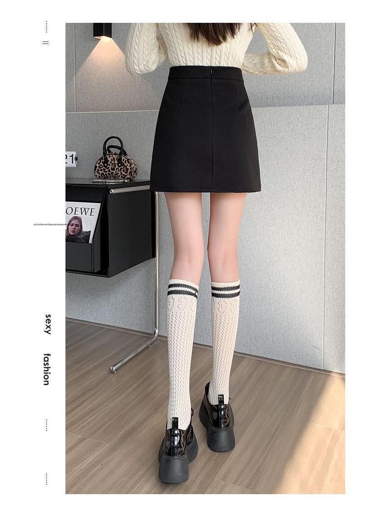 Petite High Waist Zipper Slit A-line Mini Skirt – Spring & Autumn Slimming Hip-Hugging Style.