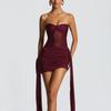 2025 Summer Women's Strapless Chiffon Dress with Mesh Patchwork and Ribbon