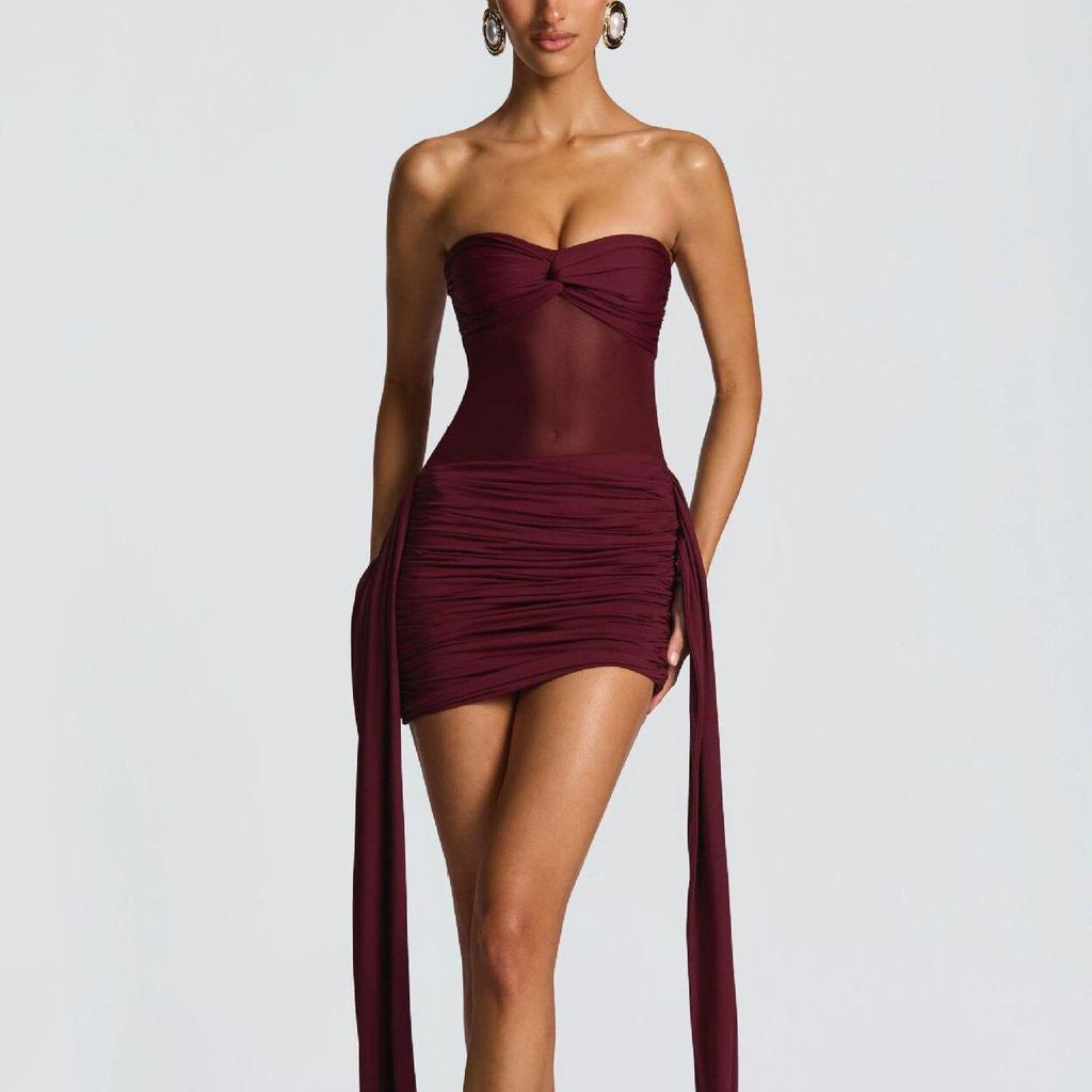 2025 Summer Women's Strapless Chiffon Dress with Mesh Patchwork and Ribbon