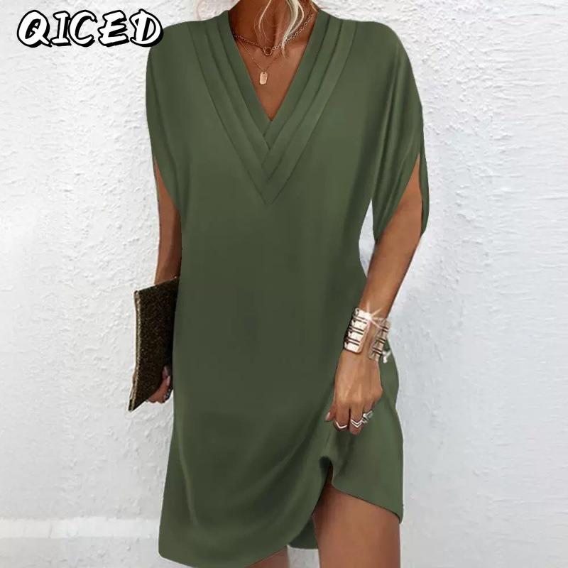 QICED Abiti casual da donna a maniche corte con scollo a V, tinta unita o stampati, per estate e primavera