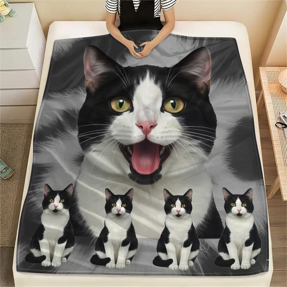 1Pc Cow Cat Siamese Print Flannel Blanket, High Quality Comfortable for All Seasons, Home Decor, Warmth and Comfort, Perfect for Gifts