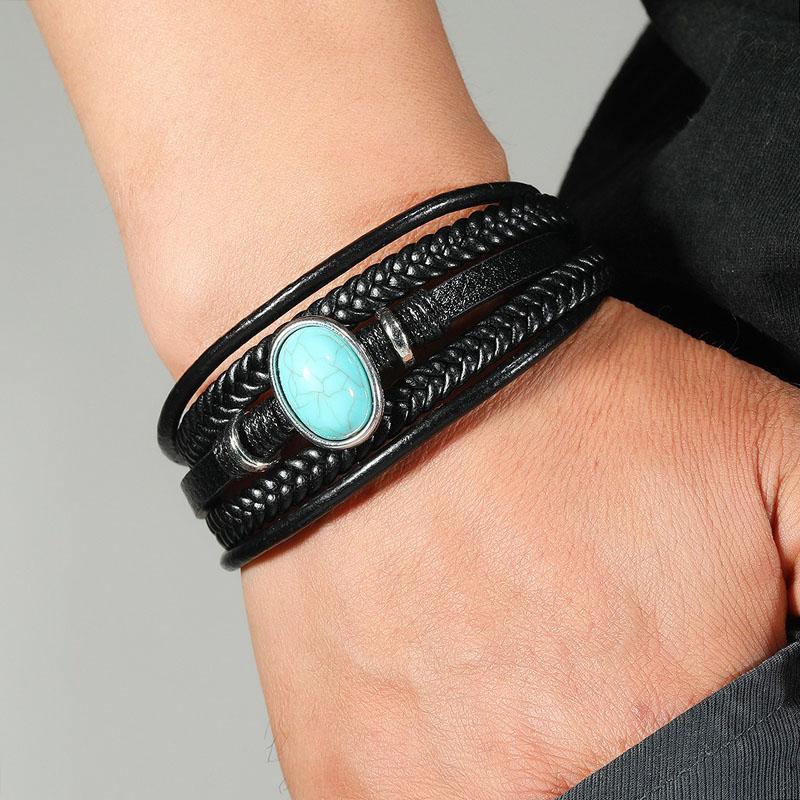 Vintage Boho Handgeflochtene Leder Armbänder Magnetverschluss Ovaler Blauer Stein Anhänger Lederarmband für Männer