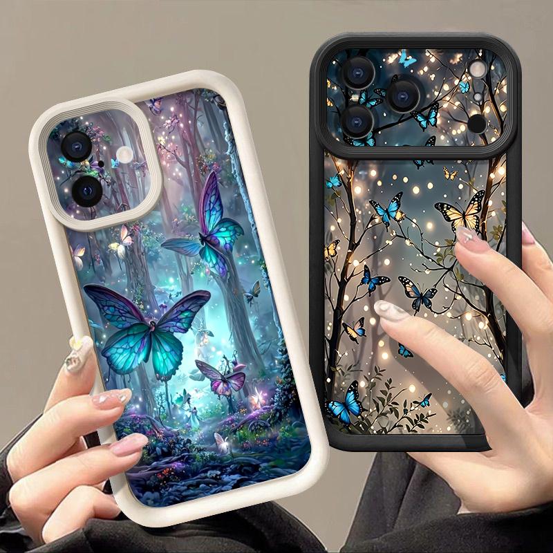 Měkké TPU Silikonové Pouzdro na Telefon Pro iPhone Air 16e 17 16 15 14 Pro Max 13 12 Pro 11 16 Plus Nárazuvzdorný Kryt se Vzorem Motýlů a Lesa