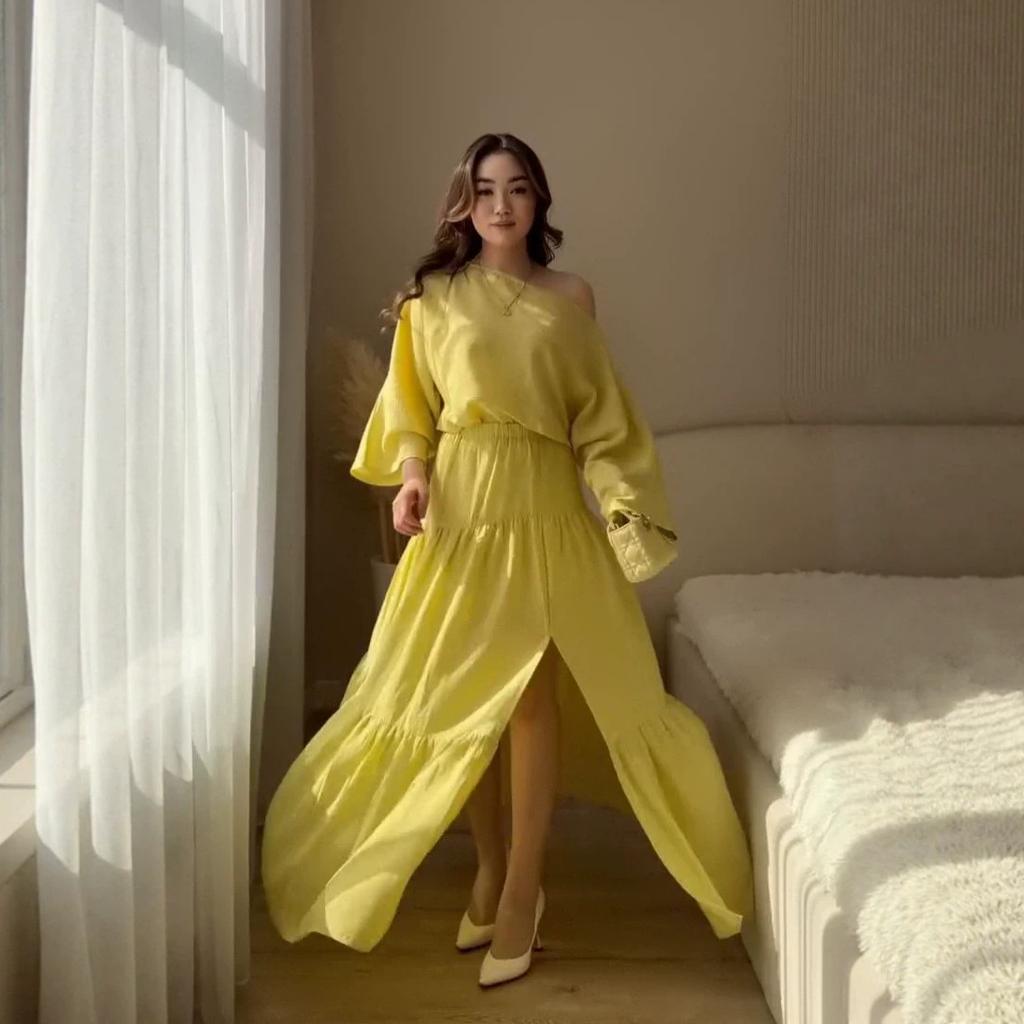  European and  women's clothing new diagonal collar long-sleeved loose top high waist layered split long skirt set