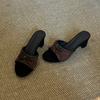 Retro bow high-heeled woven one-word cool slippers open-toed thick-heeled French temperament slippers outer wear