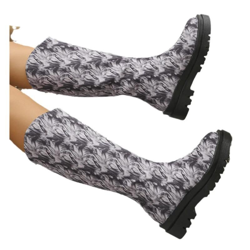 Vintage Floral Pattern Platform Long Boots  Women Fashion Show Style Slip-on Female Mid-Calf Boots Casual Large Size 43 Booties