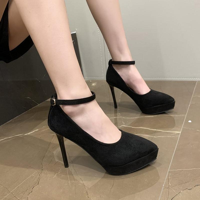 New Women's High Heels Single Shoes Buckle Thin Heel Velvet Surface Waterproof Platform Pointed Toe Shoes Black Simple Style