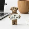 Lifelike Highland Cow Decor Desktop Ornament, Heartwarming Animal Figurine, Resin Gifts for Lovers Statue with Confession Sign Home Office Desk