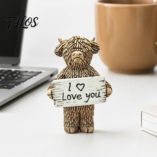 Lifelike Highland Cow Decor Desktop Ornament, Heartwarming Animal Figurine, Resin Gifts for Lovers Statue with Confession Sign Home Office Desk