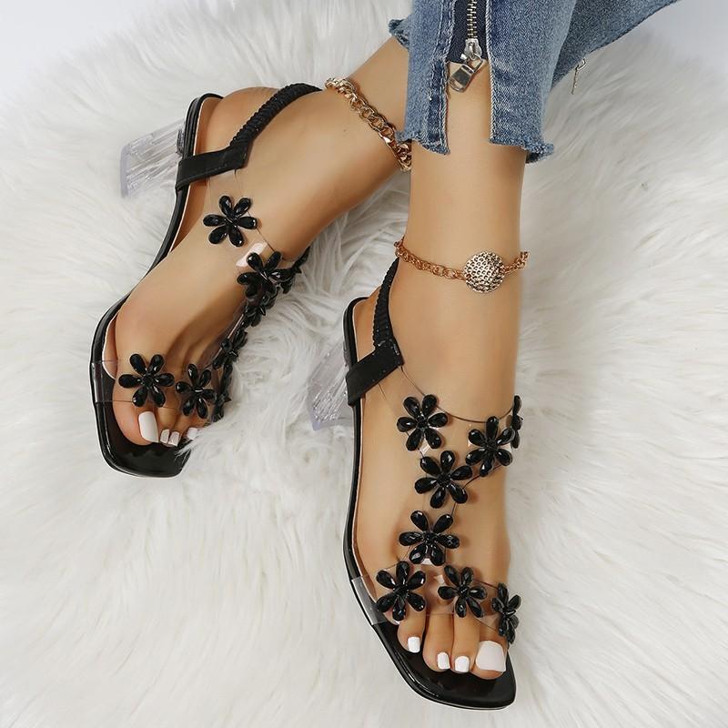 

European and American foreign trade large size flower high-heeled sandals actress with thick heel square head fashion cool slippers Heel shoes 43 чёрный