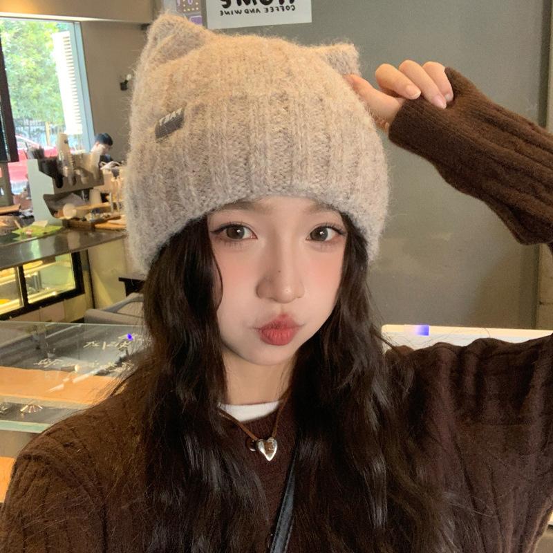 

Winter hat women s cat ears cute knitted hat big head circumference showing face small wool hat ear protection warm hat average size