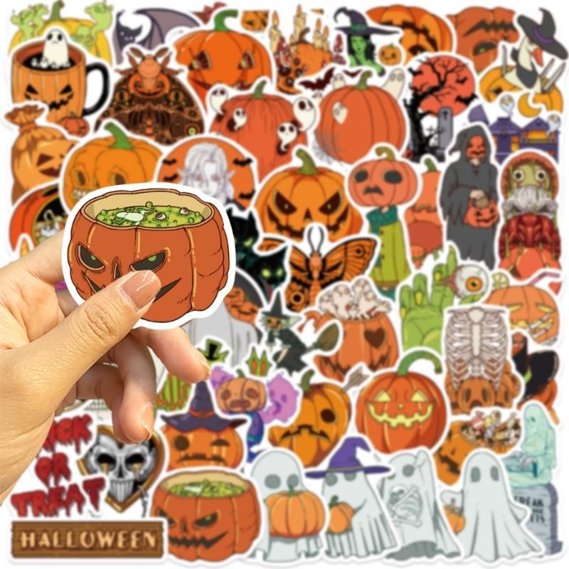 Halloween Party Stickers Pack Of 50 PVC Pumpkin Bat Designs Safe For Kids DIY Craft Decor Easy Apply Remove No Residues