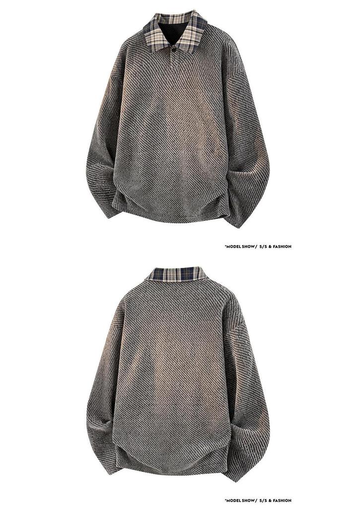 Men's Trendy Knit Polo Collar Plaid Patchwork Hoodie - Retro Style, Long Sleeve, Plus Size