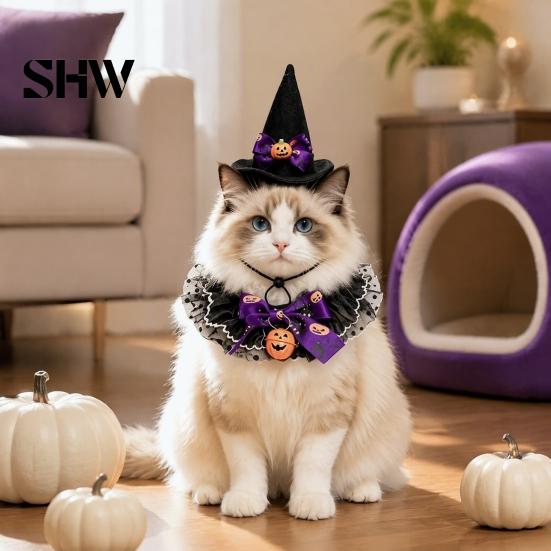 Halloween Costume for Small Pets 1 Set Cat Costume, Wizard Hat And Lace Bandana, Ruffled Bib Dog with Bow Bell, Holiday Party Outfit Dogs, Cats